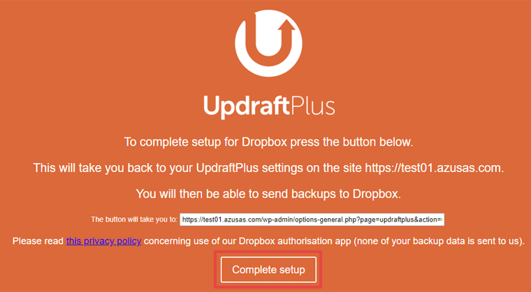 UpdraftPlus　Dropboxの認証画面